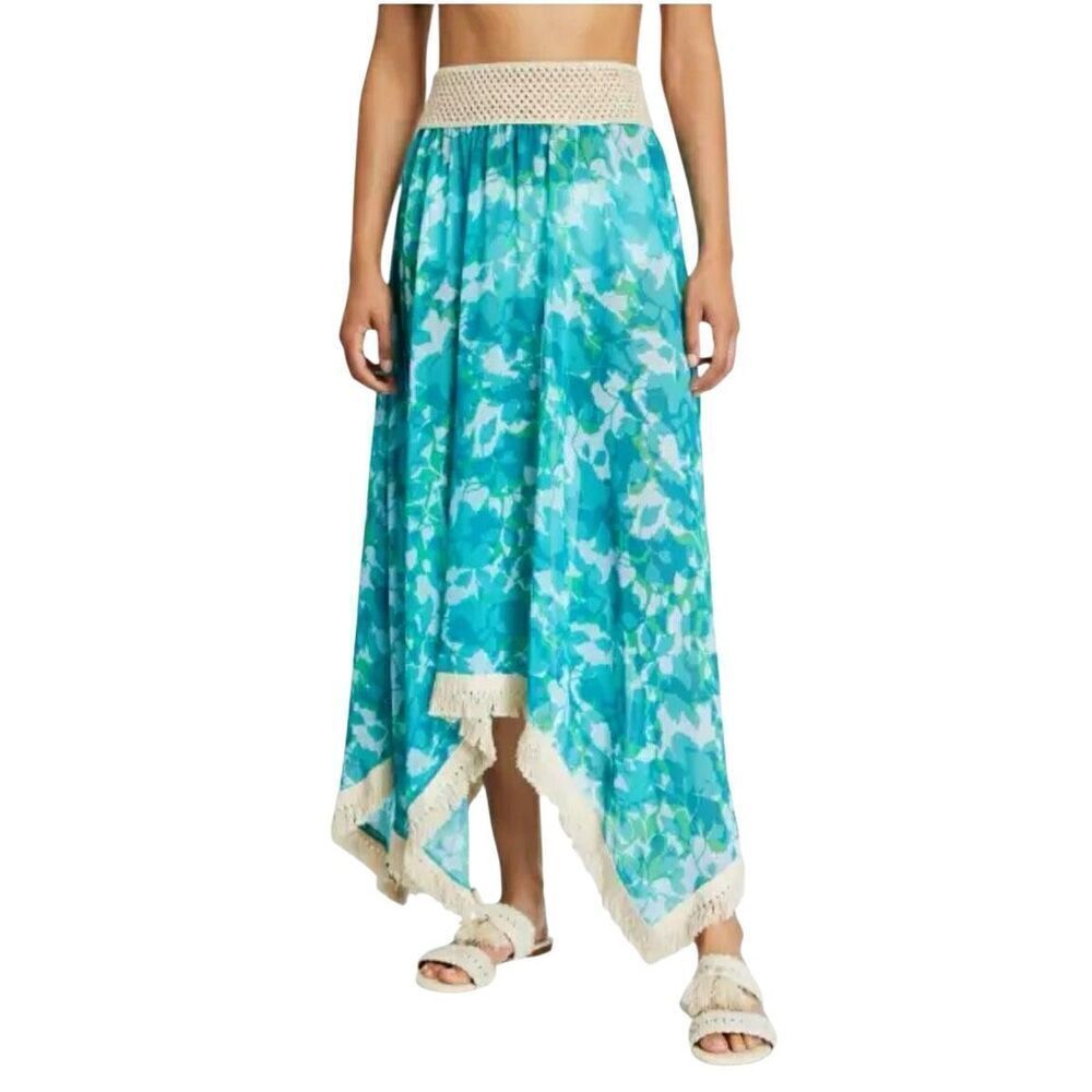 Ramy Brook Floral Printed Riviera Skirt Turquoise XS S Handkerchief Hem Tassel T